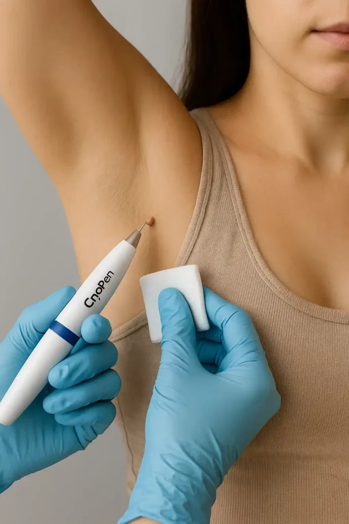 woman having cryopen to remove underarm skin tags Loughborough