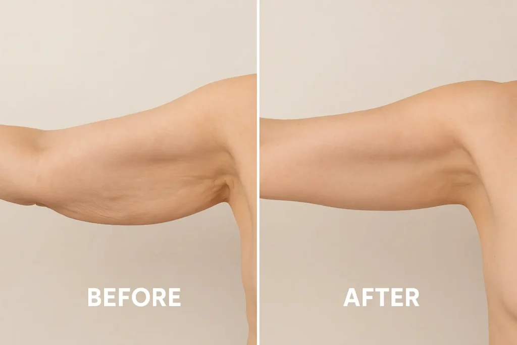 Picture of LA LIPO Loughborough before and after results of skin tightening treatment on the upper arms.
