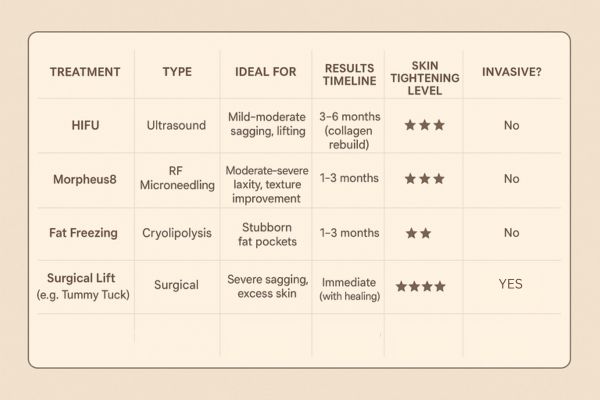 Table showing the comparisons of Skin tightening Loughborough treatment options.